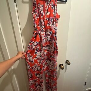 Anthropologie Red and White Floral Jumpsuit with Tie Waist